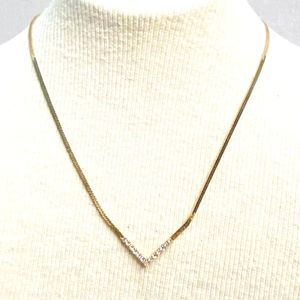 Avon Necklace Gold Tone Thin Chain Clear Rhinestone V Shape Pendant